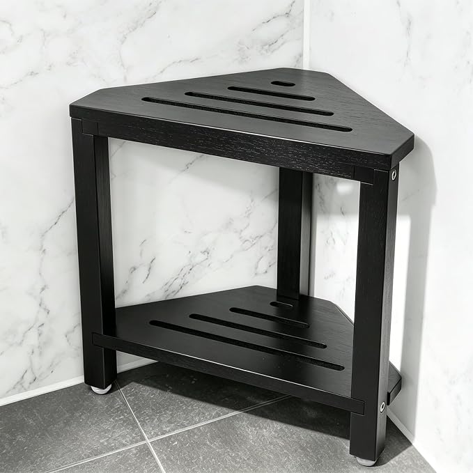 IBosins Corner Shower Stool with Storage Shelf Shower Foot Rest for Shaving Legs Small Bench for Inside Shower to Sit on Bath Seat - Acacia Wood, Black