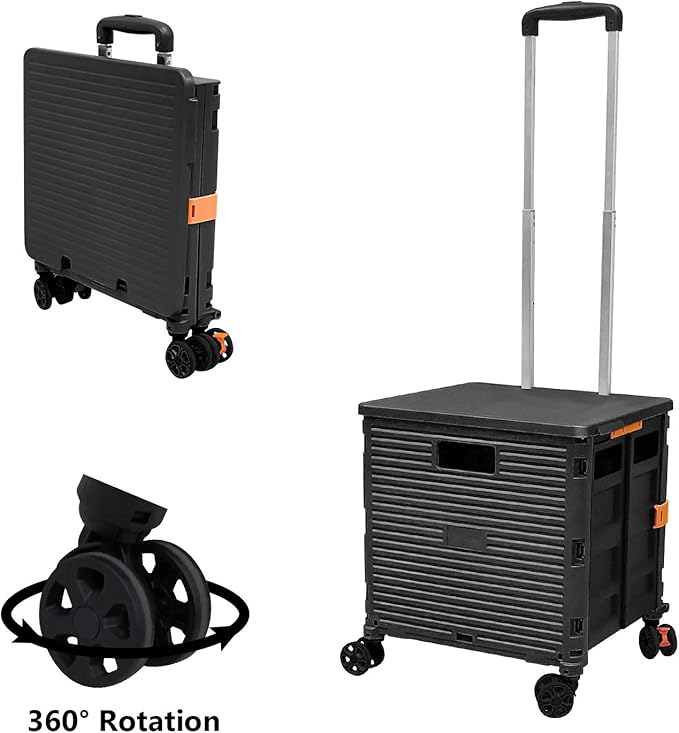 Foldable Utility Cart Portable Rolling Crate Handcart Shopping Trolley Collapsible 4 Rotate Wheels with Durable Heavy Duty Plastic Telescoping Handle for Travel Shopping Moving Storage Office Use
