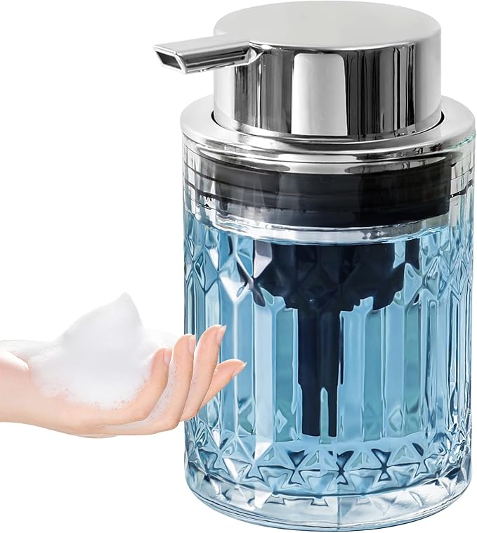 RYTOXILO Foaming Soap Dispenser, Clear Glass Foam Hand Soap Dispenser for Bathroom, Refillable 7.8 Fl Oz Foamy Pump Bottle with Plastic Sliver Pump, Modern Dish Soap Foam Dispenser Container