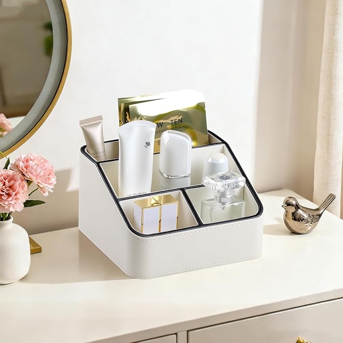 PU Leather Remote Control Holder, Nightstand Organizer with 4 Compartments | Luxury Desk Caddy with Velvet Lining, Small Desk Organizer for Living Room, Bedroom, Bedside, End Table, 6.8" x 6.7" x 4"