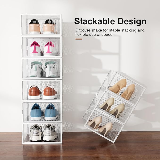 Shoe Boxes, 12 Pack Clear Plastic Stackable Shoe Storage Boxes Fit US Size 10, Ventilated Dust-Proof Sneaker Containers, Shoe Organizer for Closet, Entryway, 13.1 x 9 x 5.5 Inches, White