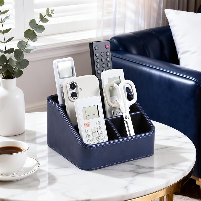 PU Leather Remote Control Holder, Nightstand Organizer with 4 Compartments | Luxury Desk Caddy with Velvet Lining, Small Desk Organizer for Living Room, Bedroom, Bedside, End Table, 6.8" x 6.7" x 4"