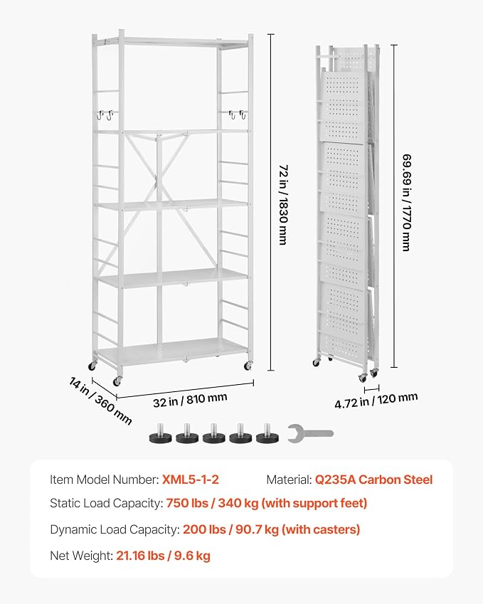VEVOR 5-Tier Foldable Storage Shelf, 32W x 14D x 72H Inch Folding Metal Rack Shelving Unit, Heavy Duty No Assembly Organizer Shelf with 5 Wheels & 4 Hooks for Pantry, Kitchen, Garage, Basement, White