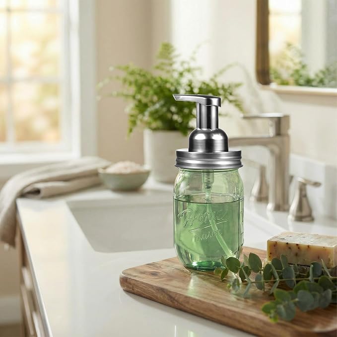 Amolliar Green Glass Mason Jar Foaming Soap Dispenser, 16OZ Hand Soap Dispenser, Plastic Pump & Stainless Steel Lid & Lable, Kitchen Dish Soap Bathroom Accessories Set, Soap Pump Bottle, Silver 2 Pack