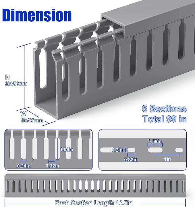ZhiYo 2" H x 1" W Cable Management Raceway, 99in Under Desk Channel, Grey | Slotted Wire Duct, 6Pack, 16.5in Each, Heavy-Duty PVC Cable Management for Server Racks, Network Cables & Electrical Cabinets