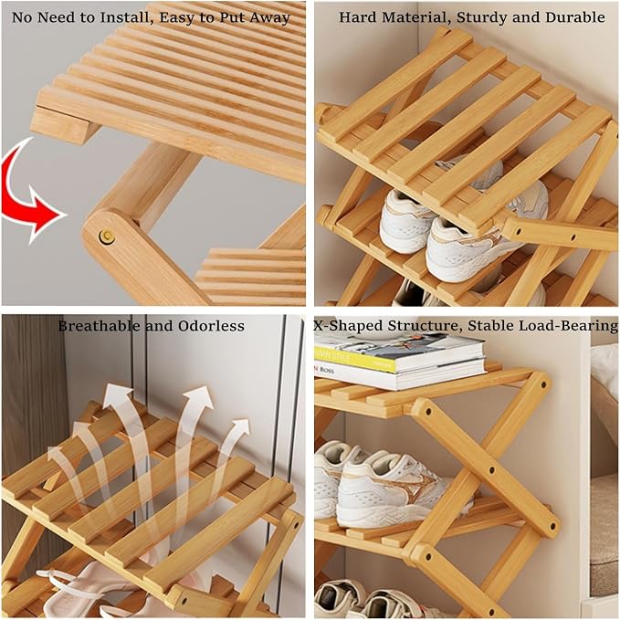 6 Tier Foldable Shoe Rack, Bamboo Vertical Shoe Organizer Tall for Multifunctional Narrow Shoe Shelf for Entryway, Closet, Corner, Bedroom, Hallway(Natural)