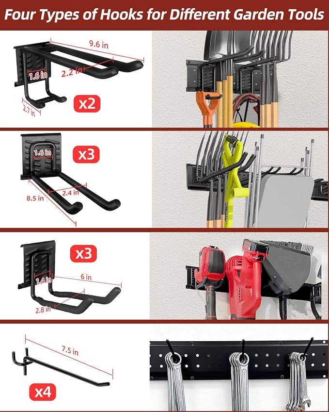 Garage Tool Organizer Wall Mount, 64in Tool Rack, 560LBS Capacity | Solid Steel, 12 Hooks in 4 Types, Rustproof Waterproof, Soft Anti-Scratch Hooks, With Storage Straps, For Garden Tool Storage