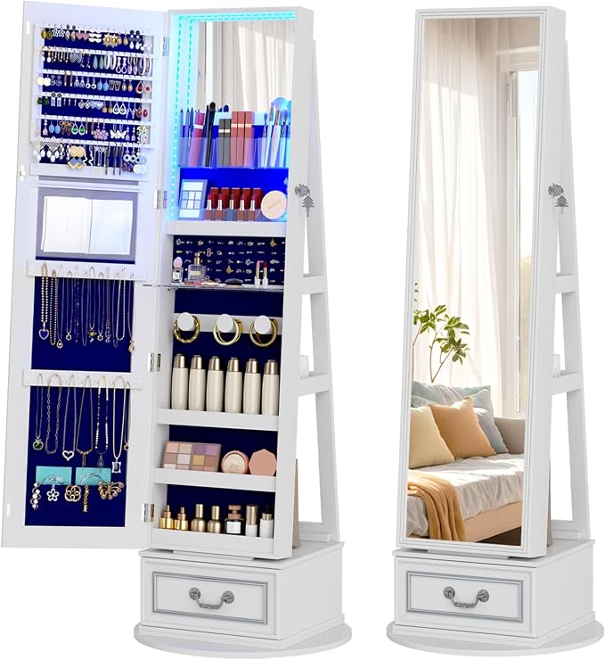 Vlsrka Mirror Jewelry Cabinet Standing with Lights, Lockable, Swivel, White | Standing Jewelry Armoire with Full Length Mirror, Large Jewelry Organizer Storage with Foldable Makeup Shelf, 3 LED Lights