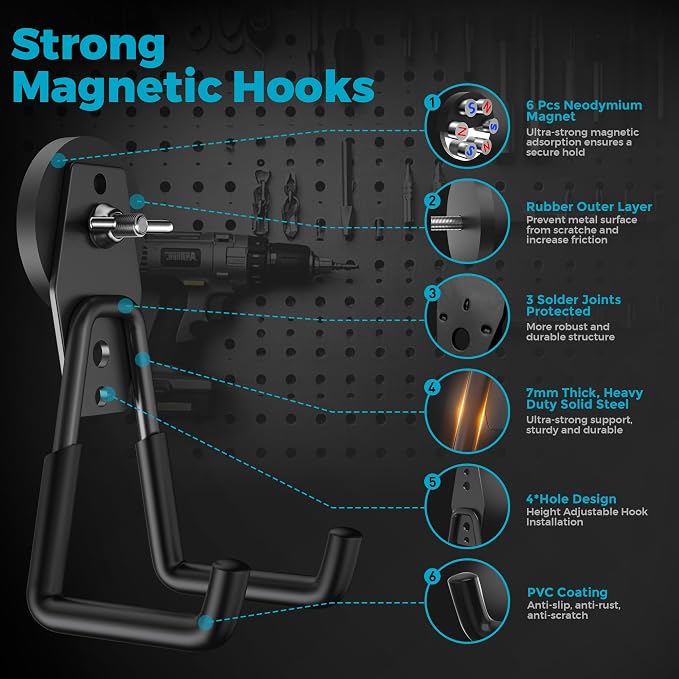Large Strong Magnetic Hooks Heavy Duty Garage Big Magnet Hooks Extra Strength Magnetic Utility Storage Hook Hanger with Anti Slip Coating for Garden Indoor Outdoor Hanging Tools Black 2 Pack
