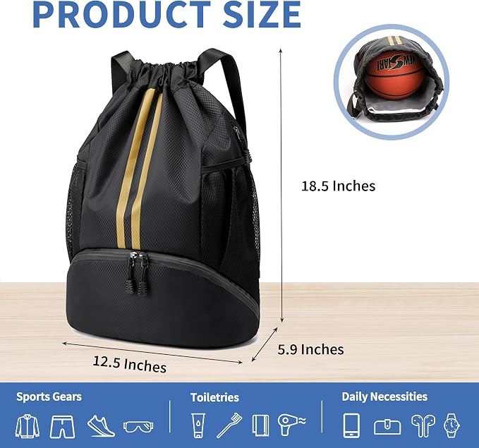 JELUTAR Drawstring Backpack Gym Bag with Shoes Pocket, Black Gold | Water-Resistant String Backpack for Soccer, Basketball, Swim, Beach Cinch for Women Men, 22 L Large Capacity, Wet Pocket