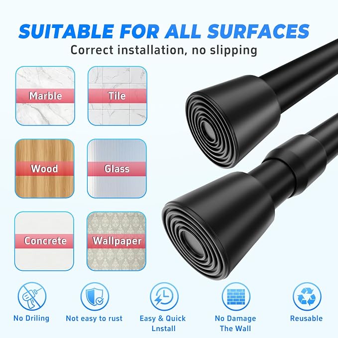 2 Pack Black Tension Rods, 33"-59" Adjustable Shower Curtain Rods, Heavy Duty No Drilling Rod, 11lbs Max Load, 1.2" End Cap, 19/22mm Tube, Metal, for Bathroom, Window, Bedroom, Doorway, Closet