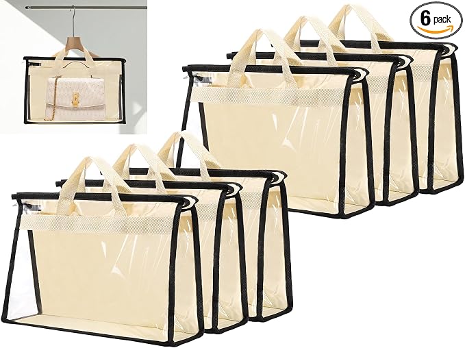 Dust Bags for Handbags,6 Pack Clear Handbag Storage Organizer,Purse Storage Bag with Zipper and Handle,Handbag Dust Bags for Closet Hanging Storage (6pcs M)