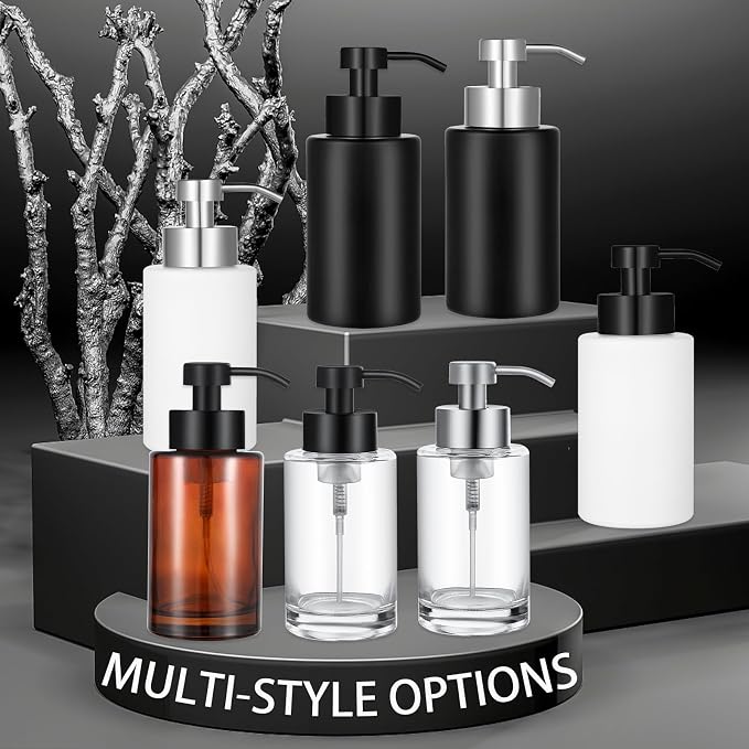 Glass Foaming Soap Dispenser Set with 304 Stainless Steel Pump 12oz Clear | Rust Proof Black Pump, Sturdy, Empty Foam Bottle with Waterproof Labels for Bathroom Decor Kitchen Colleage Dorm
