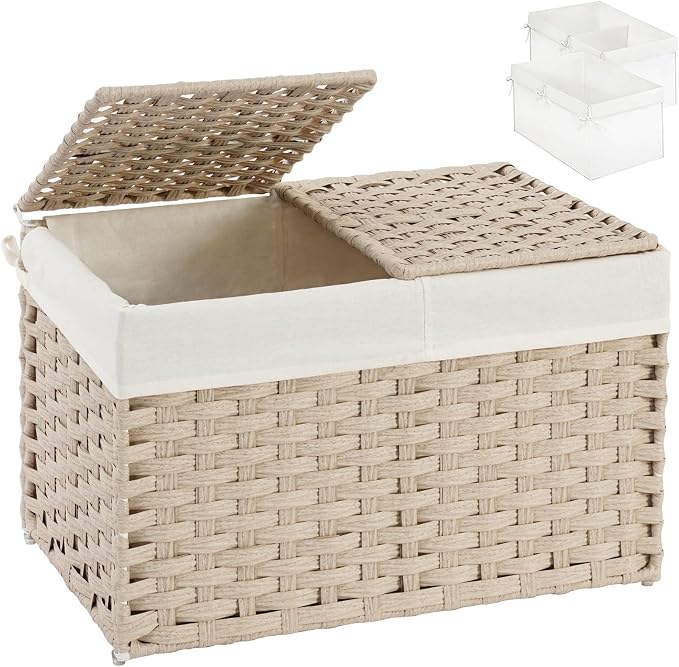 SETVSON Storage Basket with Lid Rattan Woven Storage Baskets with 2 Separate Lids, 17.2 Gallon (65 L) Wicker Storage Bins Foldable 2 Removable Liner Bags Handles for Bedroom, Laundry Room Light Khaki