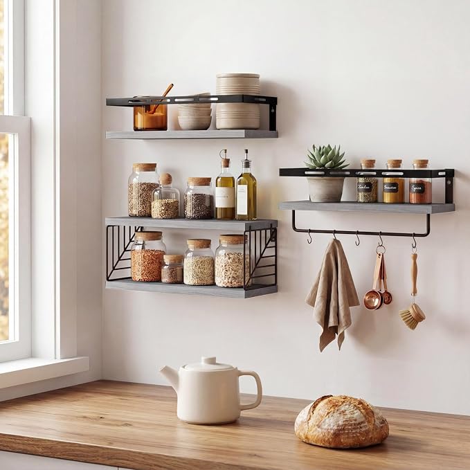 Fixwal Wall Mounted Bathroom Shelves Over Toilet, Rustic Wood Floating Shelves with Metal Frame and Towel Bar for Bathroom, Kitchen, Bedroom, Living Room (3 Plus 1 Gray)