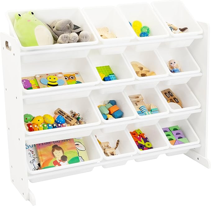 Humble Crew Toy Storage Organizer with 16 Removable Storage Bins for Kids Playroom, 4-Tier Toddler Toy Organization and Storage, White/White
