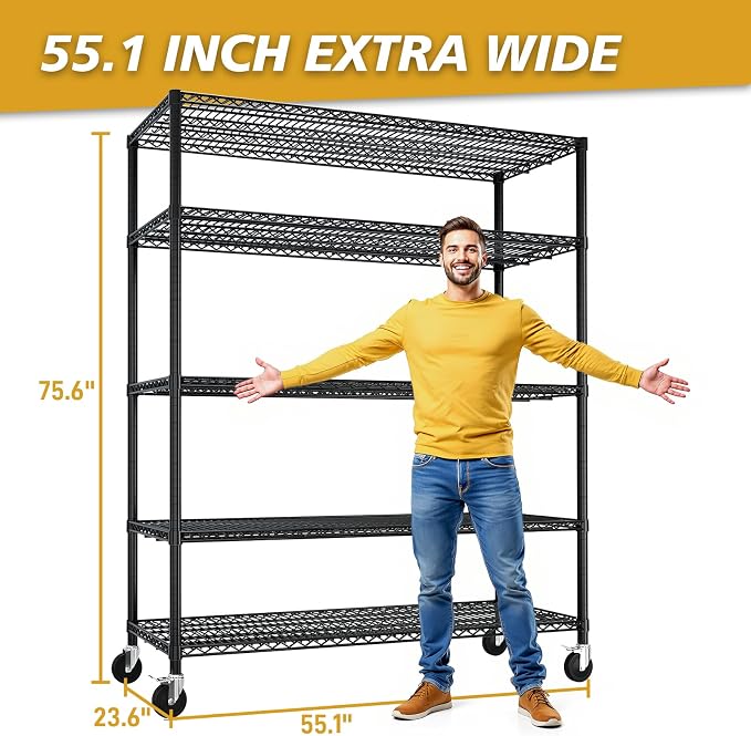 Karl home Heavy Duty 5-Tier Storage Shelving, Black Adjustable Metal Rack | 3200LBS Capacity Wire Storage Shelving Unit, 75.59"H x 55.12"W x 23.62"D, Multipurpose Organizer for Garage, Kitchen