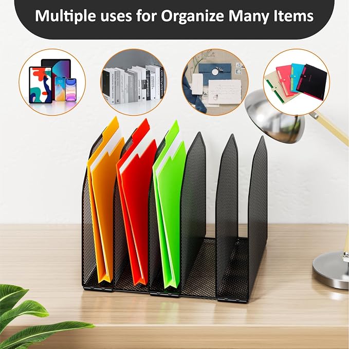 FUCDTEFC Desk File Organizer, Adjustable 5 Sections Upright Desktop Organizer File Sorter, Sturdy Metal Mesh Vertical Bookshelf File Holder Workspace Accessories for Home,School,Office Classroom,Black