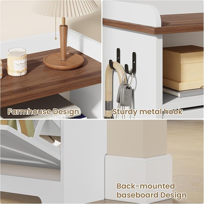 Shoe Cabinet with 2 Flip Drawers, Farmhouse Narrow Shoe Cabinet Organizer with 2 Adjustable Shelves & 2 Hooks, Shoe Rack for Entryway, Foyer, Hallway, White, 31.5" W x 8.7" D x 41.7" H