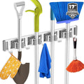 reliahom Broom Holder Wall Mount Mop Hanger Tools organizer 4Racks 5Hooks | Adjustable Mop Broom Wall Hanging Heavy duty Tools Storage Rack Space-saving for Garage,Kitchen,Laundry Room,Garden, Silver