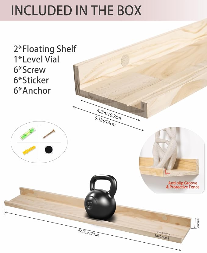 48 Inch Natural Pine Wood Floating Shelves for Bedroom, Wide Picture Ledge Set of 2, Wall Mount Unfinished Shelf Can be Stained Nursery Book Shelves for Kids Bedroom Living Room Bathroom Kitchen