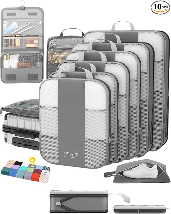 OlarHike 10 Set Compression Packing Cubes for Travel Essentials,Compressible Expandable Space Saver Bags for Organizing Clothes,Luggage Suitcase Garment Bags with Over 1000 pcs Mesh Holes(Gray)