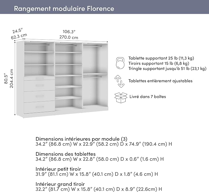Bestar 107W x 25D Modular Closet Organizer System, Walk-in Closet with LED Lights, Rods, Shelves, and Drawers, Slab Style, Florence Collection, White