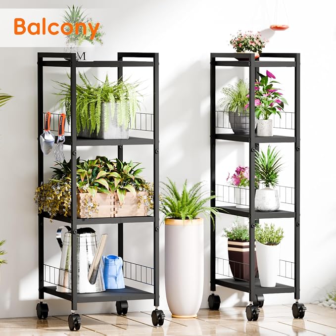 Expandable Slim Storage Cart with Wheels, 4 Tier Narrow Metal Rolling Utility Cart Organizer Adjustable Open Floor Shelving Unit for Small Spaces Bathroom Laundry Room Kitchen