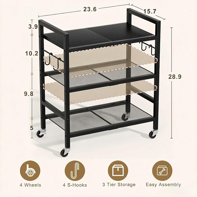 Rolling Kitchen Microwave Cart, 3 Tier Microwave Stand with Wheels, Bathroom Organizers and Storage Shelf, Serving Cart, Baker's Rack, Coffee Bar Table Station for Kitchen, Office, Black