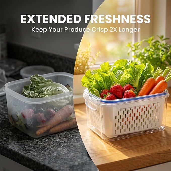 Fruit Storage Containers for Fridge with Removable Colander, Airtight Produce Storage Containers with Lids, Fridge Organizers and Storage for Berry, Fruit, Vegetables, Salad & Meal Prep (Blue, L)