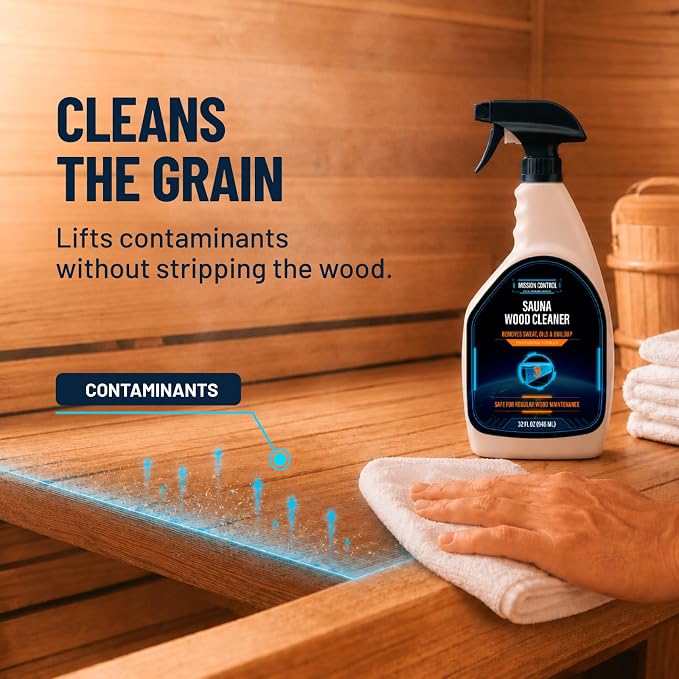 Mission Control 32 oz Sauna Wood Cleaner Spray | Removes Sweat, Body Oils & Buildup From Interior Surfaces Including Cedar - Wood-Safe Formula for Regular Sauna Maintenance