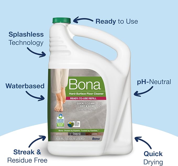 Bona Multi-Surface Floor Cleaner Refill - 128 fl oz - Unscented | Refill for Bona Spray Mops and Spray Bottles - Residue-Free Cleaning Solution for Stone, Tile, Laminate, and Vinyl Floors