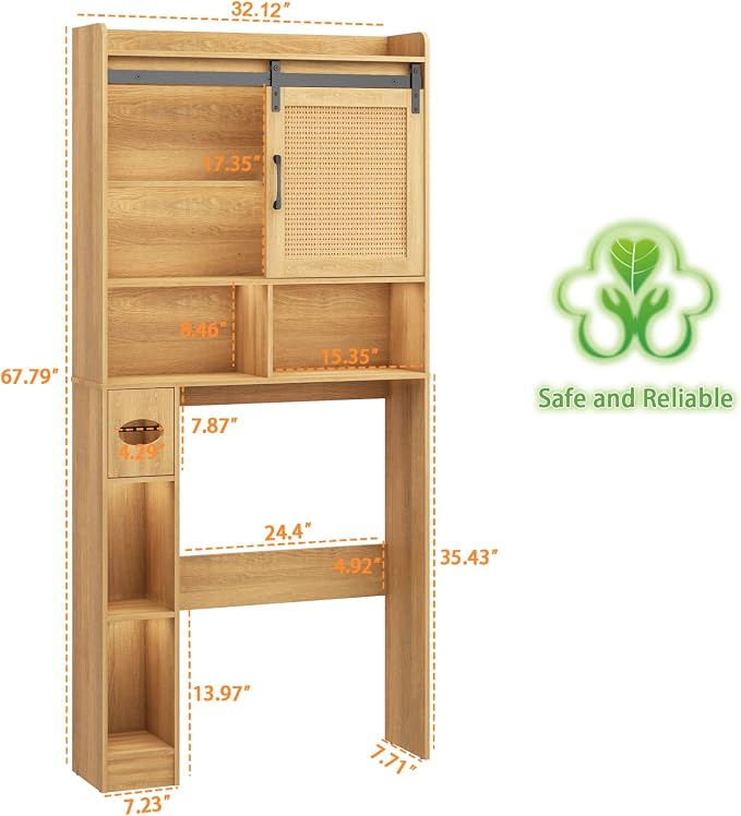 Vabches Over The Toilet Storage Cabinet with Sliding Barn Door. Rattan Oak | Farmhouse Storage Cabinet with Toilet Paper Holder Stand, Home Space-Saving Toilet Rack, for Bathroom, Restroom, Laundry