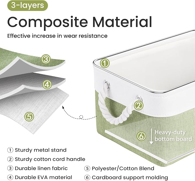 Storage Baskets for Shelves 13.8x9.8x6.7 Inch, Foldable Fabric Storage Bins with Handles, Small Storage Baskets for Organizing Closet, Office, Home Organization (3-Pack, White&Green)