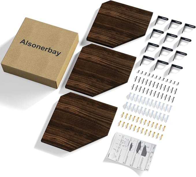 Alsonerbay Pine Wood Corner Shelves with Cord Hole 3-Pack, Carbonized Black | Diamond-shaped, cable management, 40 lbs/shelf, 0.79" thick pine, L-shaped metal brackets, for router & media devices