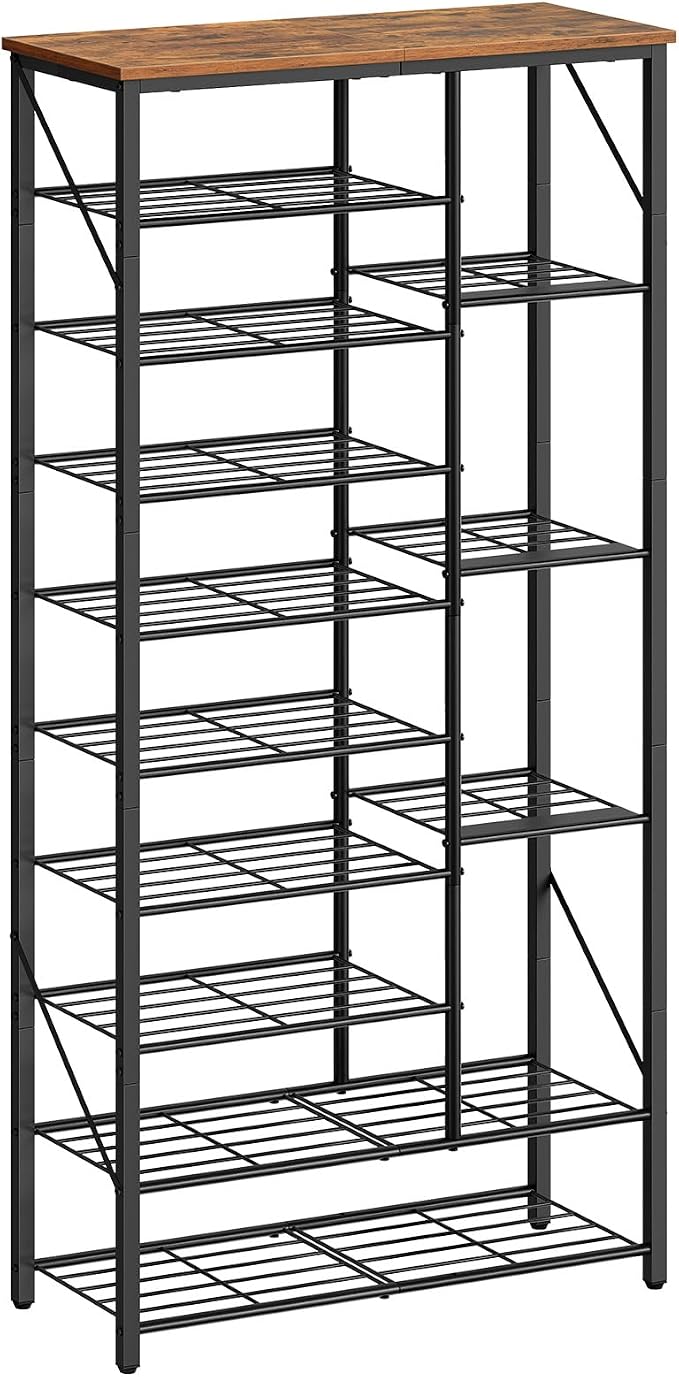 HOOBRO 10 Tier Shoe Rack for Entryway, Large Capacity Tall Shoe Storage | 27.6" L Shoe Shelf, Storage Organizer with Metal Plates, Sturdy and Stable, for Bedroom, Hallway, Closet Rustic Brown