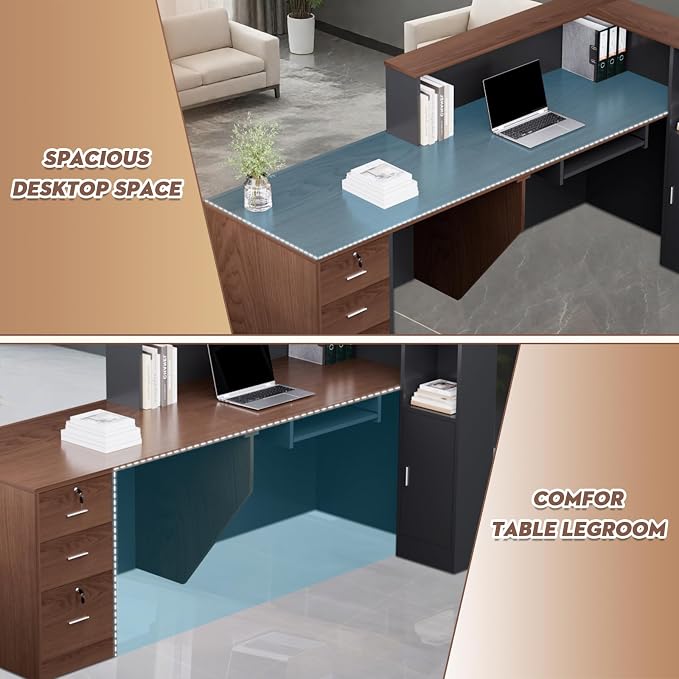 L-Shaped Large Wooden Reception Desk, Modern Front Desk Reception Counter with Lockable Drawers, Storage & Keyboard Tray for Office Lobby Checkout (Right-Brown + Black, 87''L x 42''W x 41''H)
