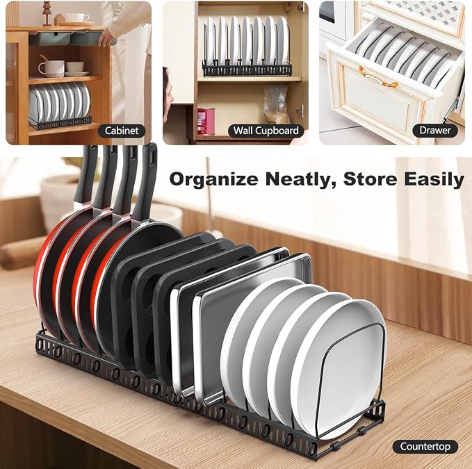 Housolution 2 Pack Baking and Cookie Sheet Organizer, 12"-23" Expandable Cutting Board Rack with 14 Adjustable Dividers, Bakeware Tray Muffin Pan Storage Organizer for Cabinet, Black