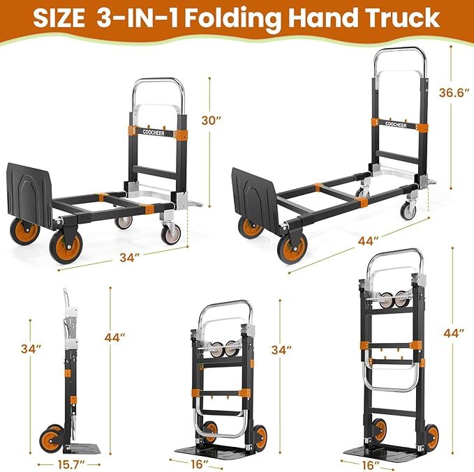 3-in-1 Folding Hand Trucks, 600Lbs Convertible Hand Truck Dolly, Heavy Duty Convertible Dolly with Retractable Handle and 4 Rubber Wheels, Collapsible Cart for Moving Office/Home/Warehouse(Orange)