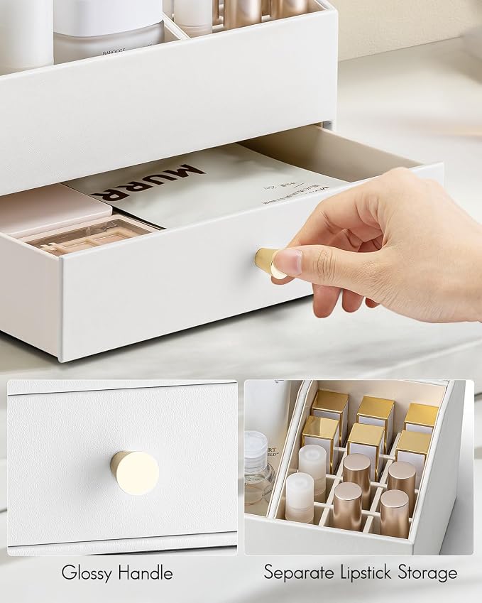 VLANDO Makeup Organizer,Vanity Organizer with Drawers, PU Leather Skincare Organizer Perfume Organizer,Large Cosmetic Display Case for Lipstick,Brushes Gifts for Women-White