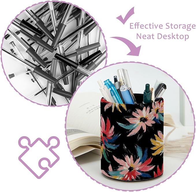 Leather Pen Holder for Desk, Multicolor Floral Pencil Cup Pen Organizer Makeup Brush Holder for Office Home Kids Countertop Desk Accessory Storage