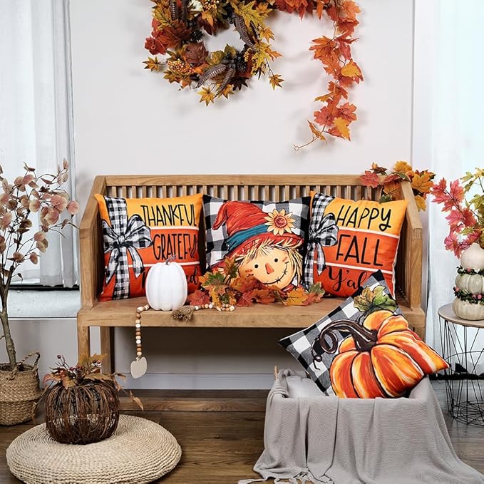 GEEORY Fall Throw Pillow Covers 16x16 Inch Set of 4, Pumpkin Scarecrow Buffalo Plaid Orange Autumn Seasonal Decorative Farmhouse Decoration for Home G563-16
