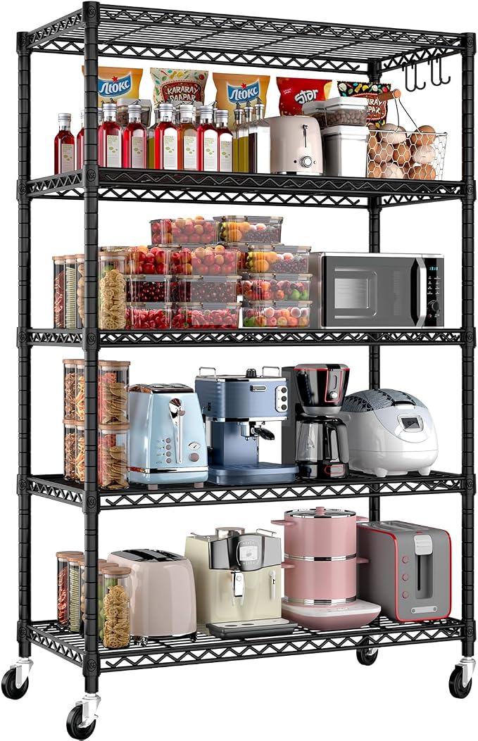 PrimeZone 36" W x 16" D x 79" H Wire Storage Shelves with Wheels, 5 Tier NSF Certified Heavy Duty Adjustable Kitchen Shelving Unit, Bakers Rack Organizer Rolling Metal Shelf for Garage Closet Pantry
