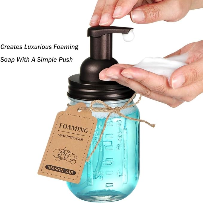 SheeChung 2 Pack Mason Jar Foaming Soap Dispenser Lids for Standard Mouth, Foaming Soap Dispenser Pump Replacement for Hand Sanitizer, Bath Liquid, Facial Cleansing Foam, Makeup Remover Water - Bronze