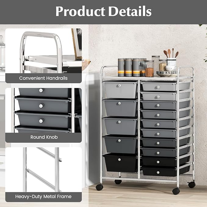 LUARANE Rolling Cart with 15 Drawers, Craft Storage Cart with Portable Handles & Lockable Wheels, Mobile Toys Organizer, Large Capacity Utility Drawer Cart Home Office School Teacher (Gradient Black)