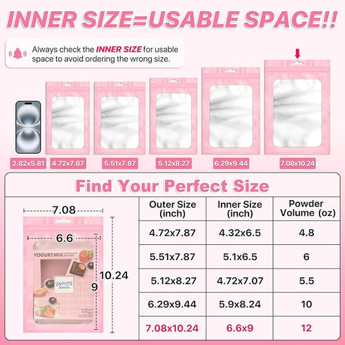 100 PCS Pink Resealable Mylar Bags with Frosted Clear Window Packaging Bags Foil Pouch Zipper Bag for Food Self Sealing Storage Supplies 7.08x10.24