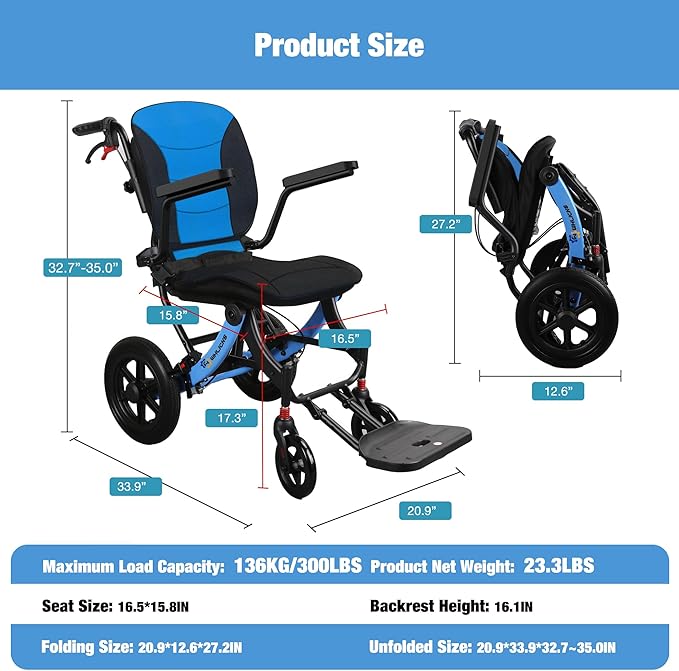 Wheelchairs for Adults Ergonimic Transport Chair Lightweight Foldable with Telescopic Handle 11-inch Big Wheels for All Terrains Travel Wheelchair with Removable Cushion