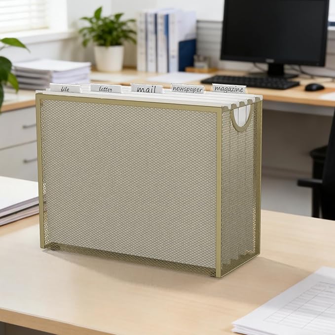 Sinboun Hanging File Organizer Letter-Size File Holder Filing Box Includes 5 Hanging Folders - Metal Mesh Magazine Letter Storage Cabinets File Cart for Office Home School, No Assembly Required Gold