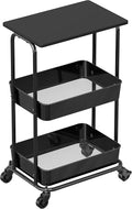 Simple Houseware 2-Tier Rolling Utility Cart Wood Top/Lockable Wheel, Black | Metal Storage Organizer Trolley for Kitchen, Bathroom, Office, Craft Room