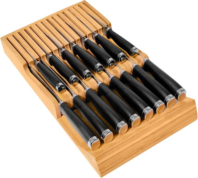 Flareware Bamboo Knife Drawer Organizer - 15-Slot In-Drawer Block for Steak & Large Knives, 2-Tier Bamboo Holder, Space-Saving Storage Organizer - (Knives Not Included)